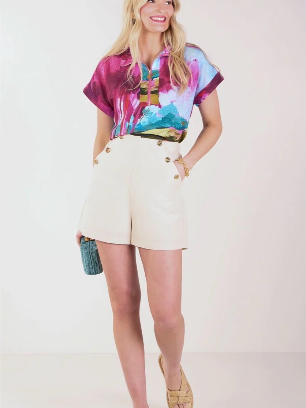 High-Waist Cream Button-Detail Women’s Shorts - Picture 4 of 7